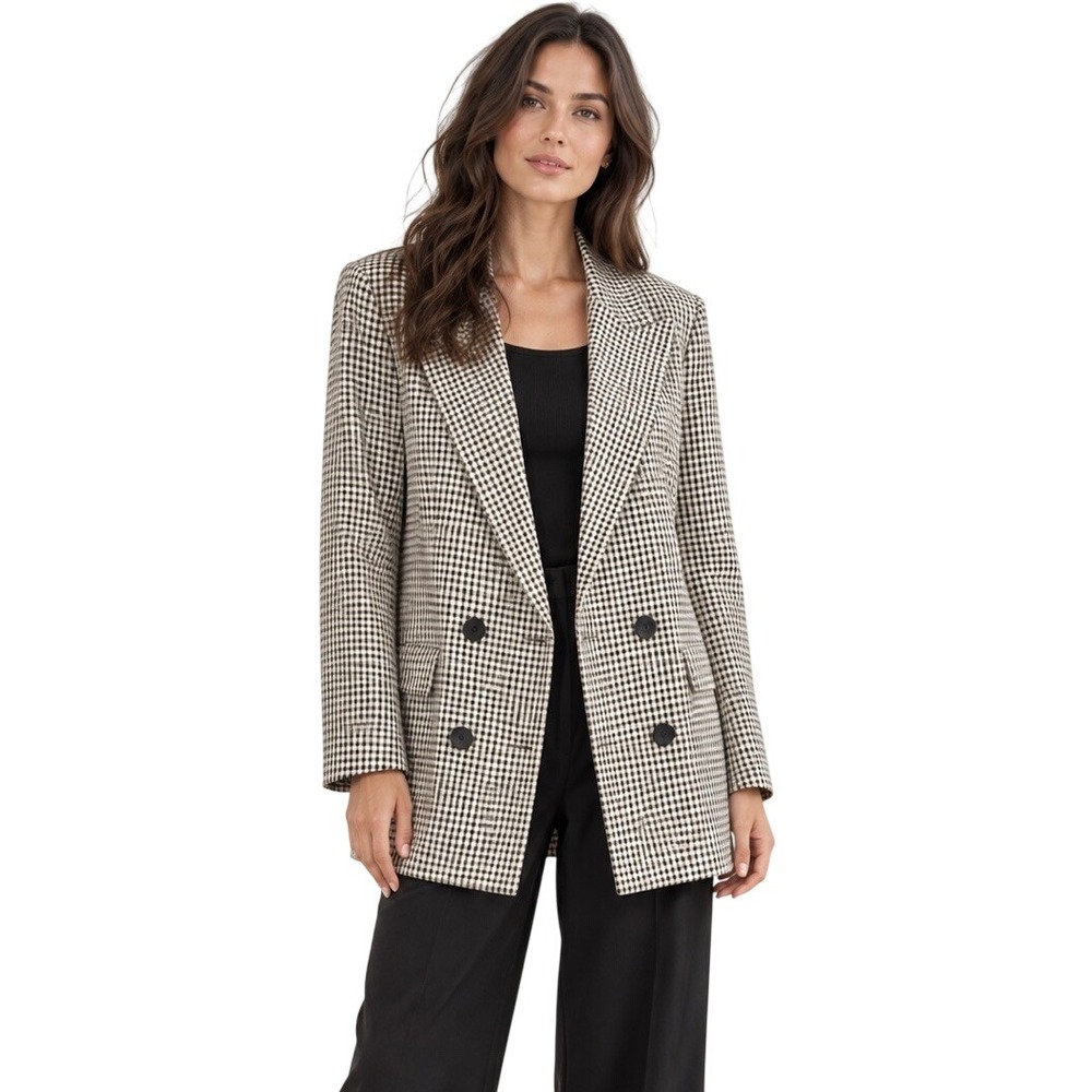Zara Oversized Double Breasted Blazer Black Cream Check Plaid Longline M